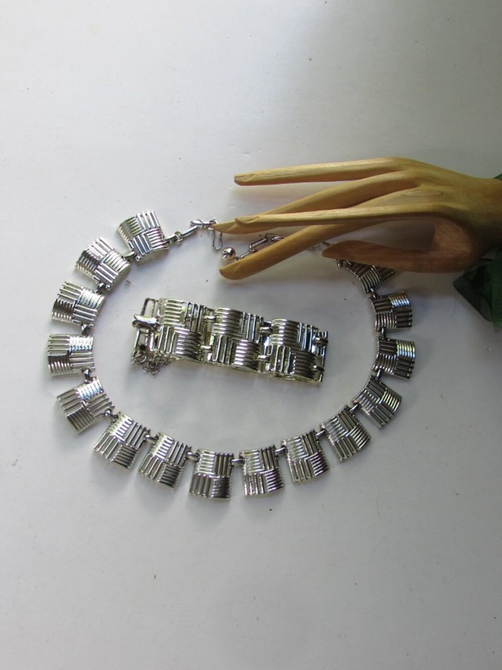 Vintage Coro Choker Necklace Bracelet Silver Tone Grid Pattern